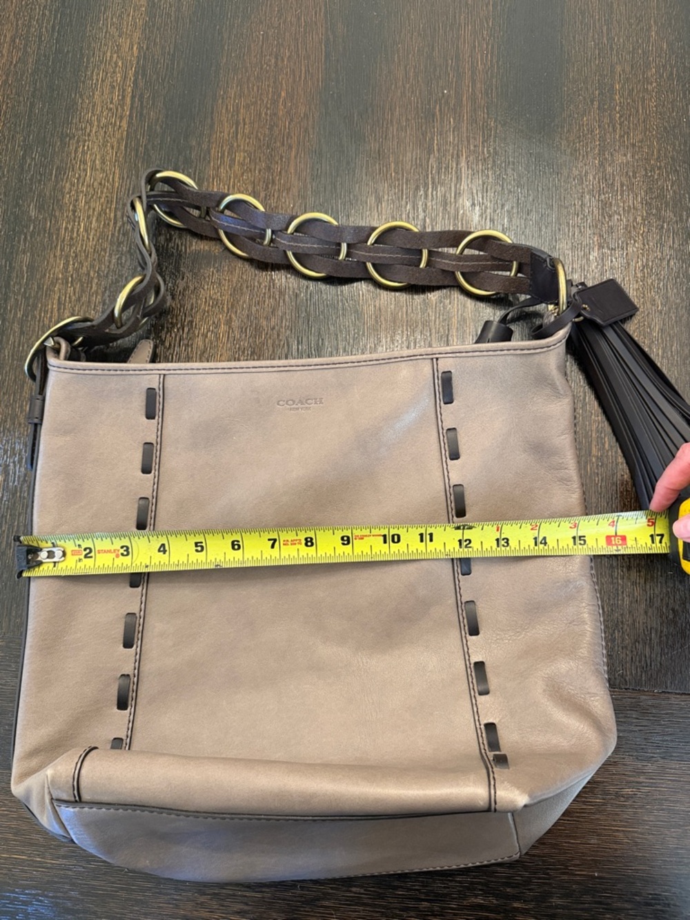 COACH Soft Taupe Leather Shoulder Bag with Braided Dark Brown Handle - Picture 16 of 16